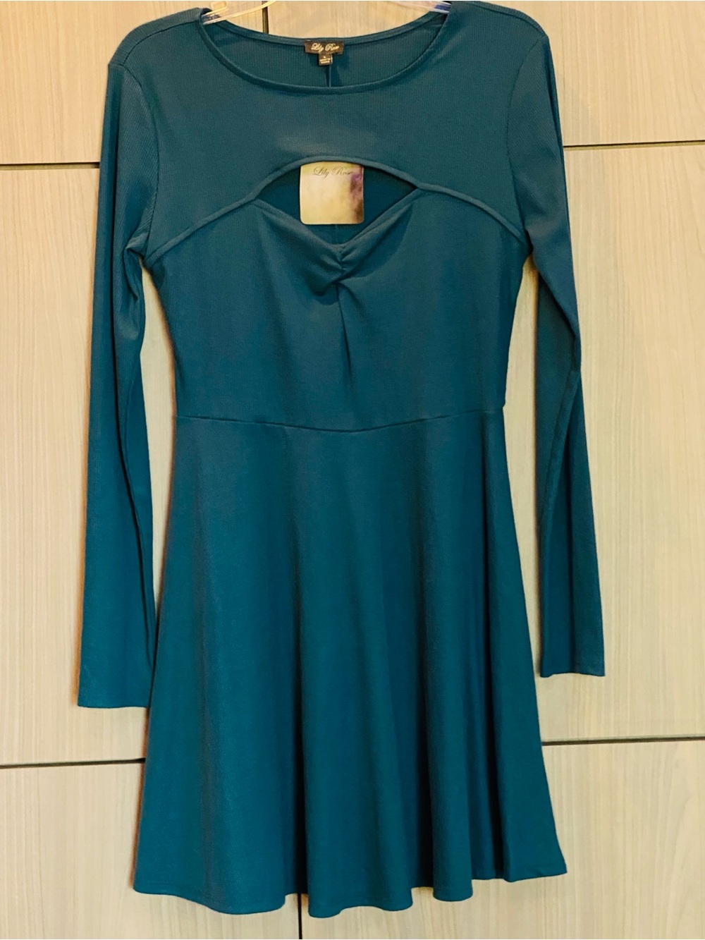 Lily Rose Teal Blue Front Fit & Flare Knee Length Dress with Cutout NWT New